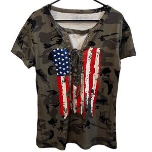 New! UrbanGlow Women’s Sz Lrg Camouflage American Flag Short Sleeve Top K713